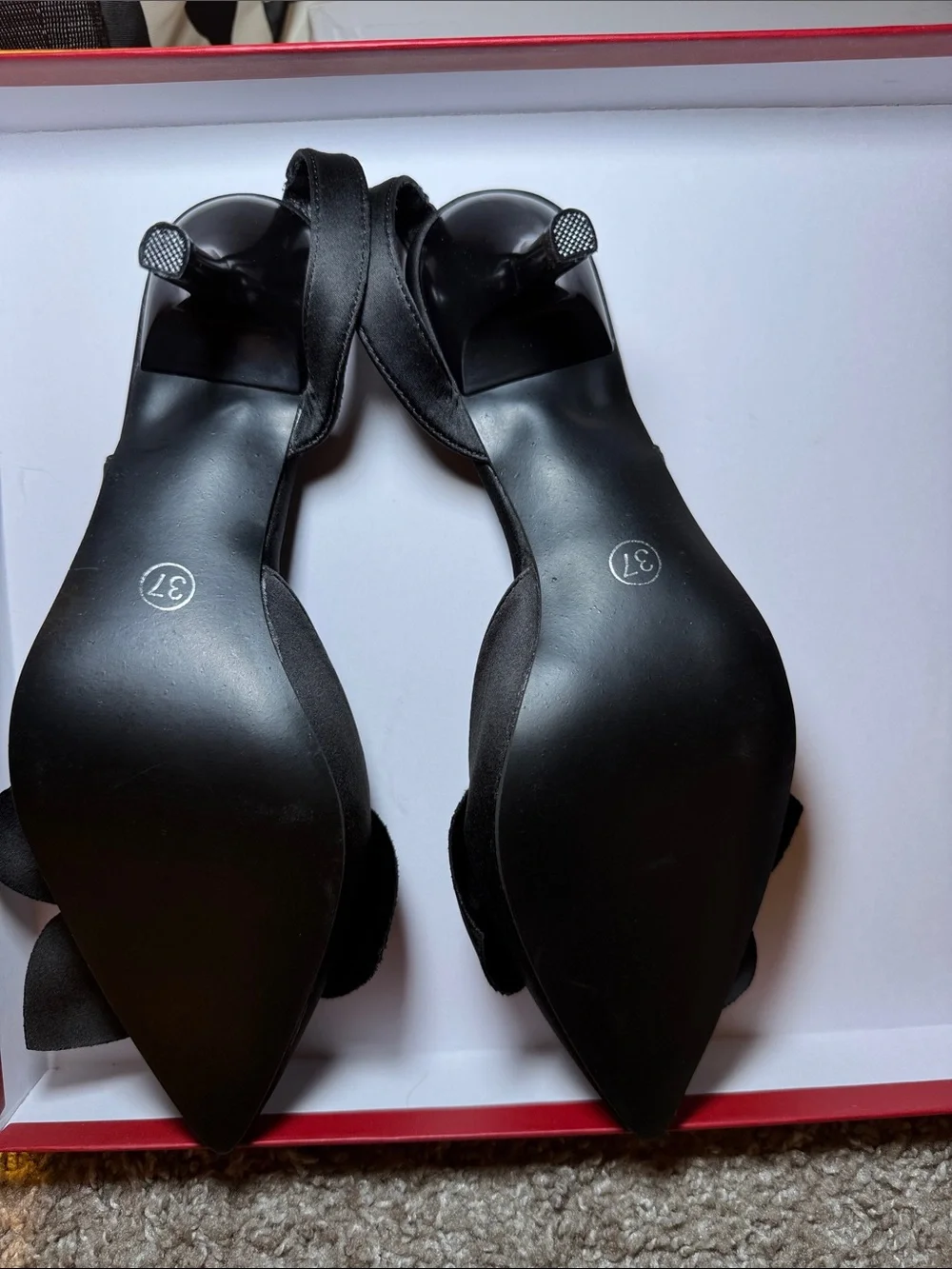 On Running Black Satin Pointed Slingback Heels with Bow
